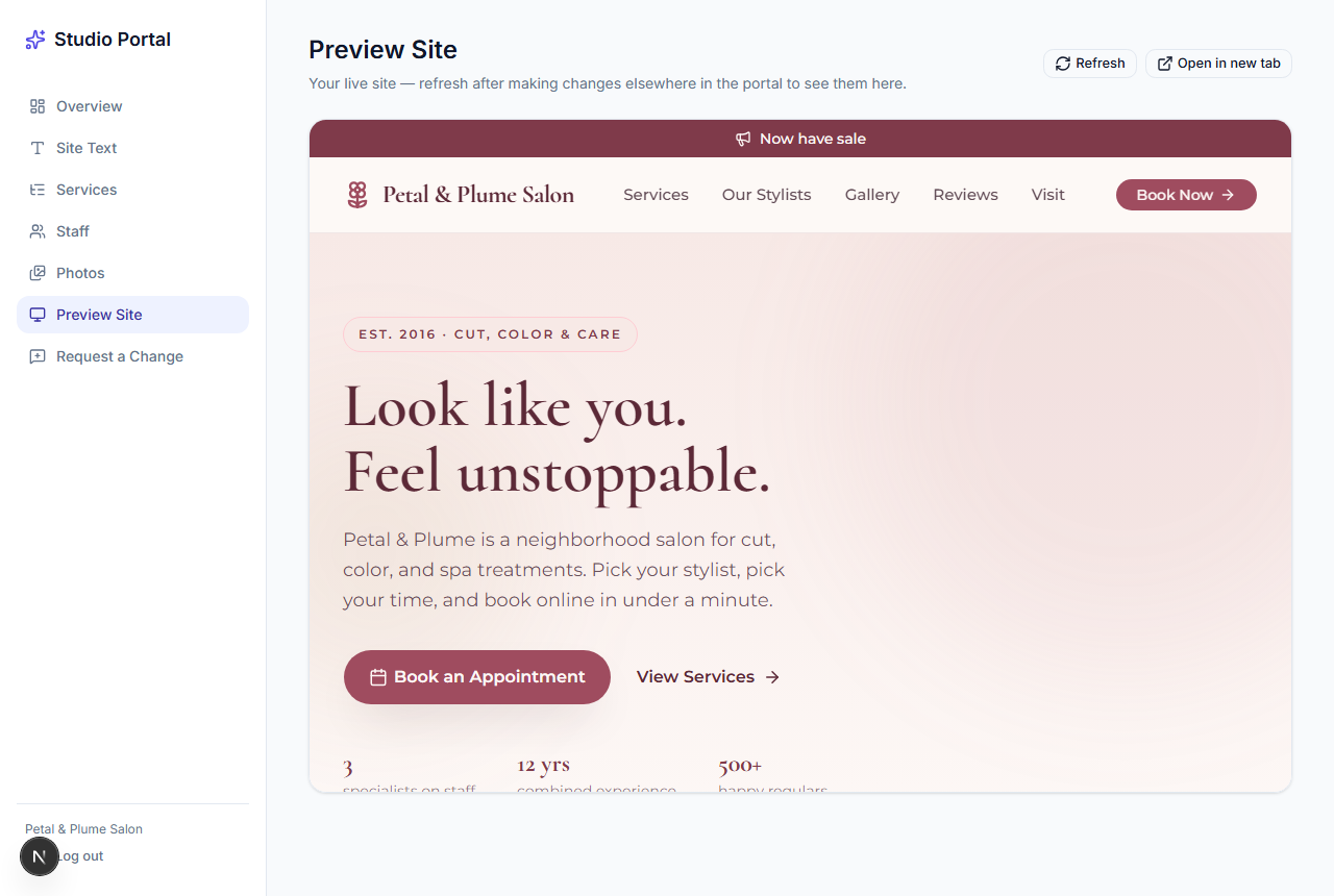 Live preview of the site inside the portal